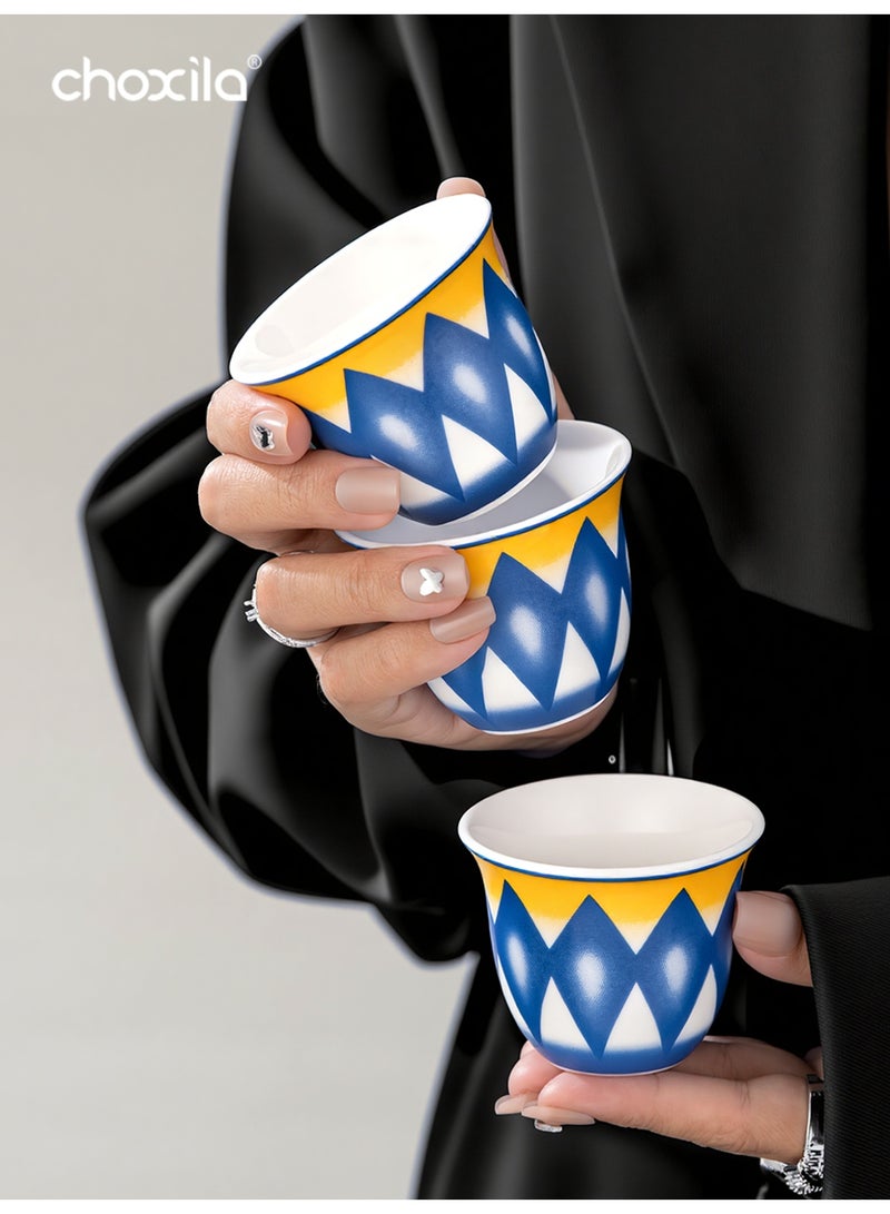 choxila 6pcs/set Finjān Cups, Traditional Pattern Porcelain Arabic Coffee Cawa Cup, 70ml Mini Ceramic Coffee Cups, Middle Eastern Style Geometric Pattern Coffee Mugs, Saudi Style Tea Cups, for Ramadan/Party/Wedding/Camping, Ramadan Gifts - Image 4